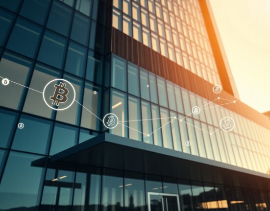 Modern building in Sydney with faint digital cryptocurrency symbols and network lines, representing Australia's new crypto Travel Rule regulations.