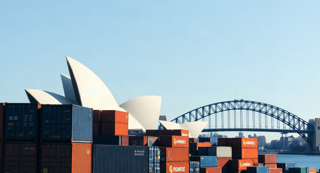 Shipping containers at an Australian port with Sydney skyline in the background, symbolizing the country's trade balance.
