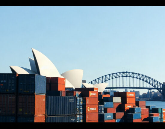 Shipping containers at an Australian port with Sydney skyline in the background, symbolizing the country's trade balance.