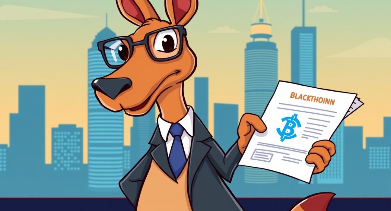 A kangaroo representing Australia reviews documents for new digital asset licensing, symbolizing regulation in the crypto sector.
