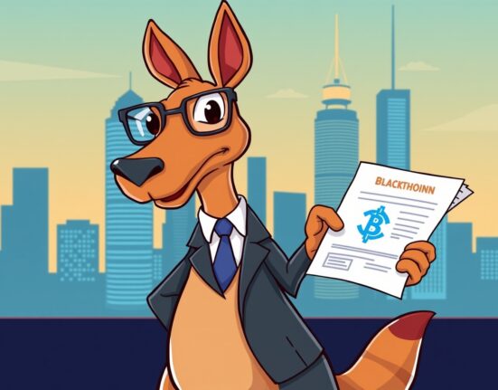 A kangaroo representing Australia reviews documents for new digital asset licensing, symbolizing regulation in the crypto sector.