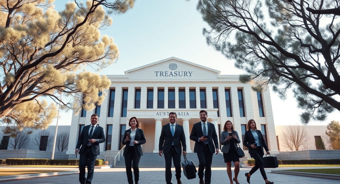 Australian Treasury building in Canberra on a sunny morning with professionals walking nearby.
