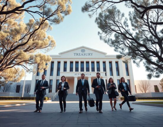 Australian Treasury building in Canberra on a sunny morning with professionals walking nearby.