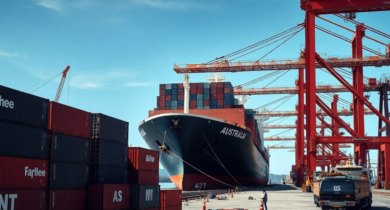 Cargo ship being loaded at a busy Australian port under a clear blue sky.