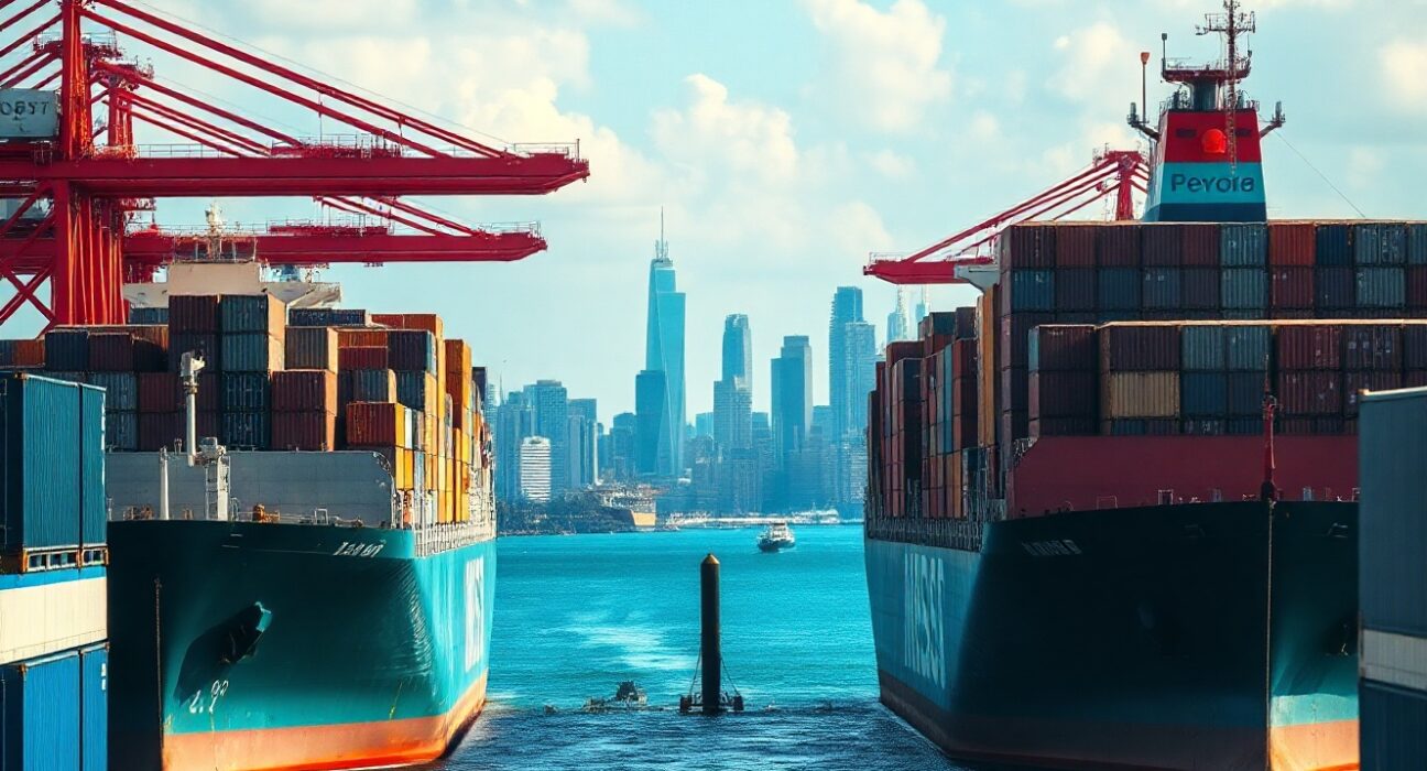Cargo ships loaded with containers at an Australian port under a clear sky, symbolizing export activity.