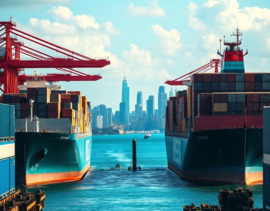 Cargo ships loaded with containers at an Australian port under a clear sky, symbolizing export activity.