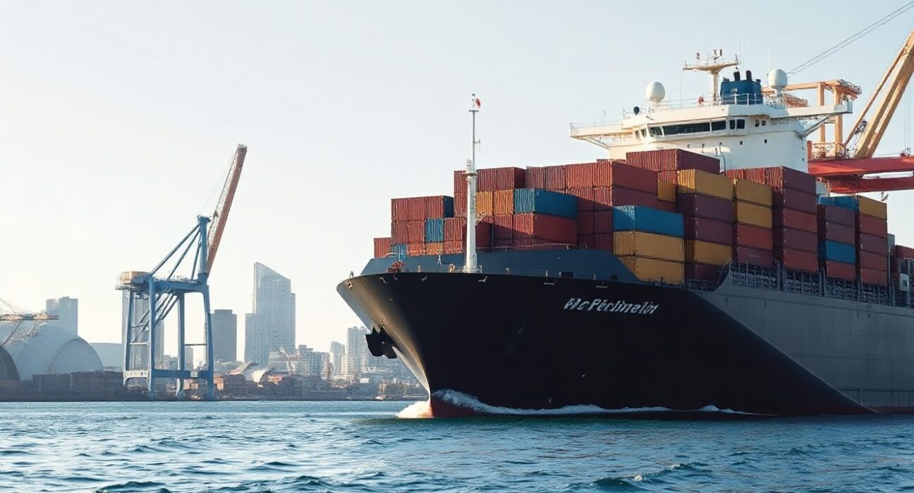 A cargo ship departing from an Australian port, representing the country's export trade.