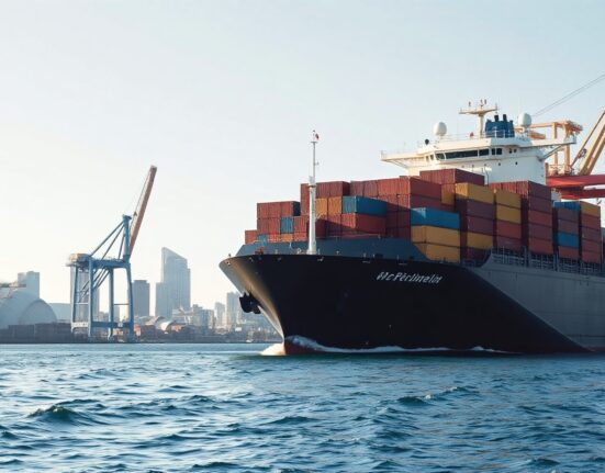 A cargo ship departing from an Australian port, representing the country's export trade.
