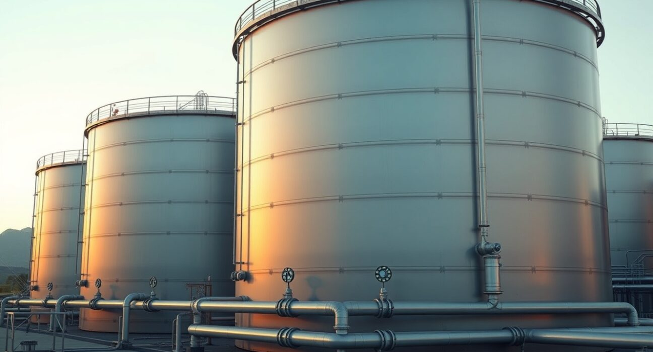 Australia's strategic fuel reserve storage tanks at a terminal, representing the release of petrol and diesel for energy security.