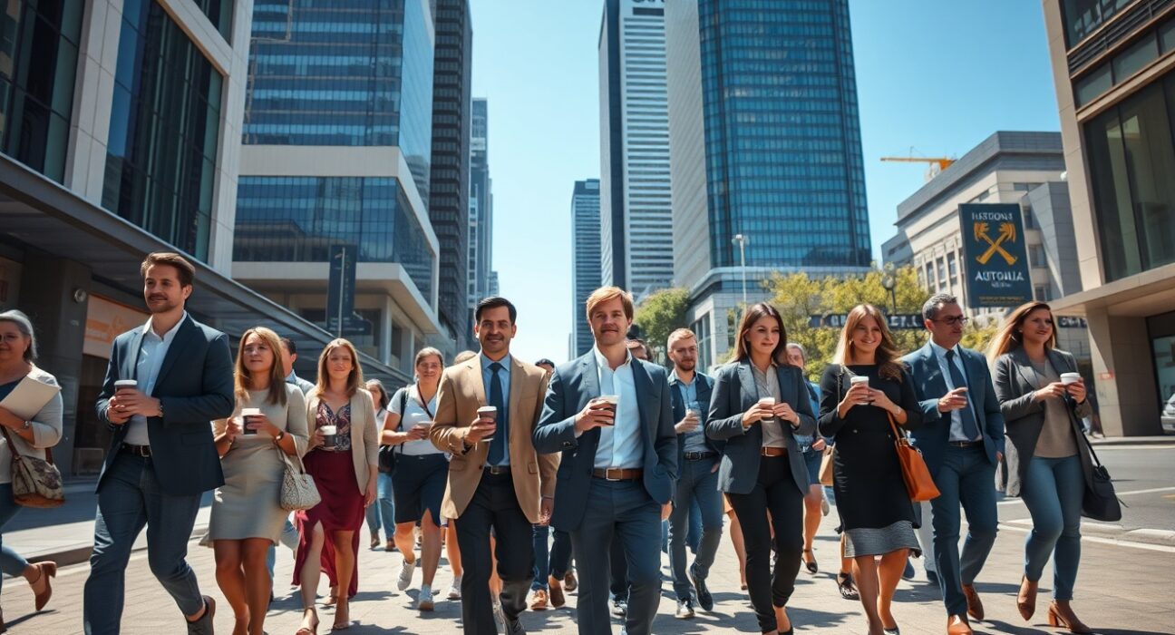 Professionals walking in a busy Australian city street during a weekday, representing employment growth.