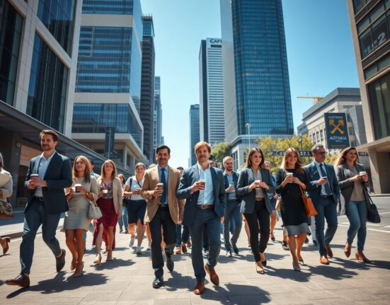 Professionals walking in a busy Australian city street during a weekday, representing employment growth.