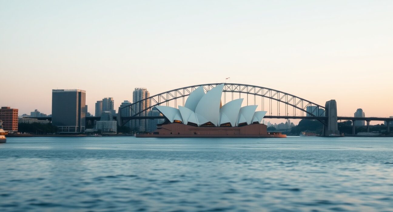Sydney skyline at dawn with Opera House and Harbour Bridge in soft morning light