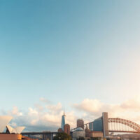 Sydney skyline with Opera House and Harbour Bridge on a sunny day, symbolizing economic growth.