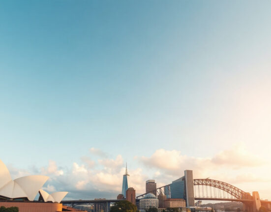 Sydney skyline with Opera House and Harbour Bridge on a sunny day, symbolizing economic growth.