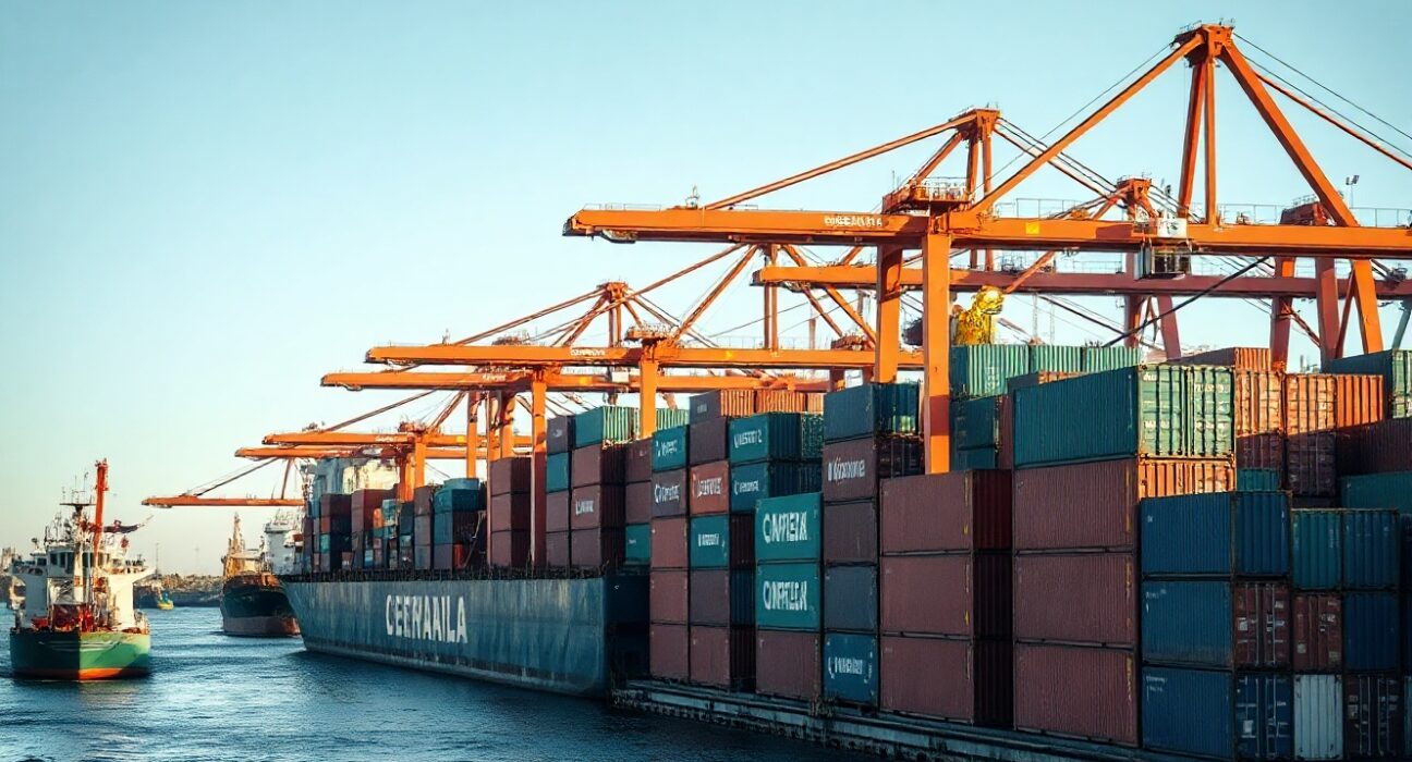 Container port in Australia with cargo ship, representing import activity