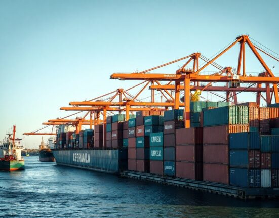 Container port in Australia with cargo ship, representing import activity