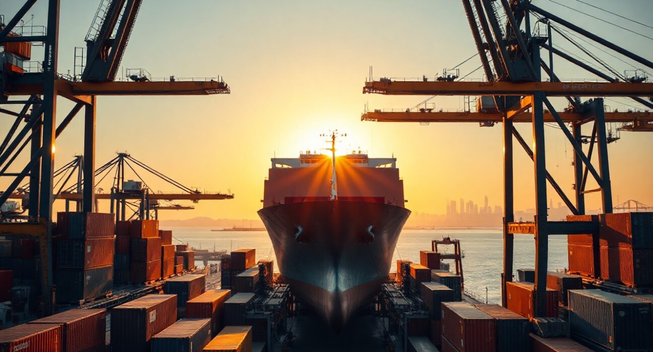 Busy Australian shipping port at sunrise with cargo ship being unloaded, representing a surge in imports.