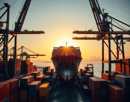 Busy Australian shipping port at sunrise with cargo ship being unloaded, representing a surge in imports.