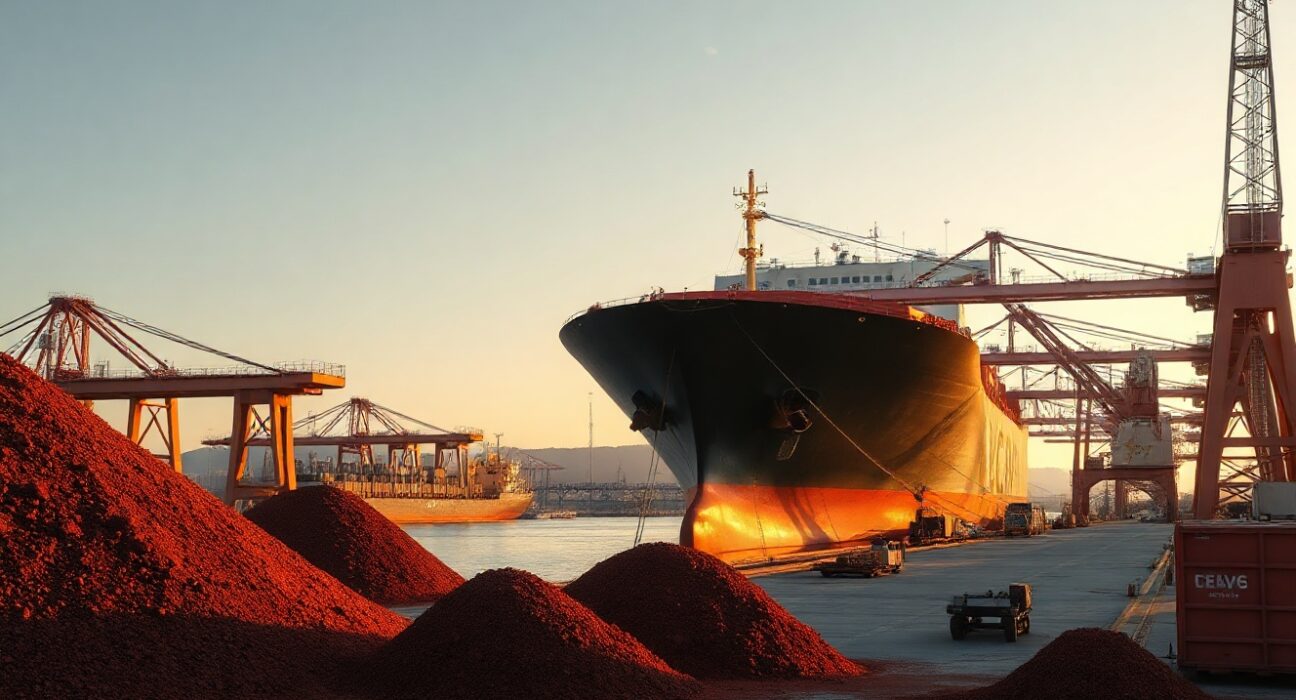 Iron ore cargo ship at Australian port with loading cranes and stockpiles under golden hour light