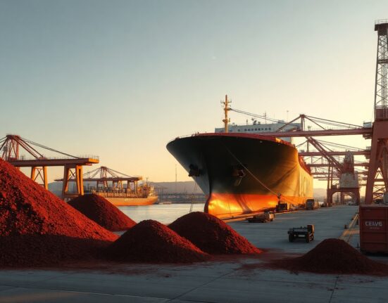 Iron ore cargo ship at Australian port with loading cranes and stockpiles under golden hour light