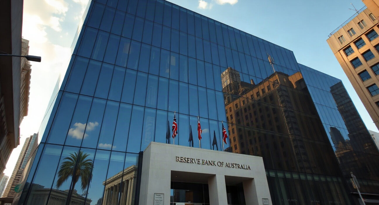 Reserve Bank of Australia building in Sydney on a clear morning, symbolizing the central bank's policy decisions.