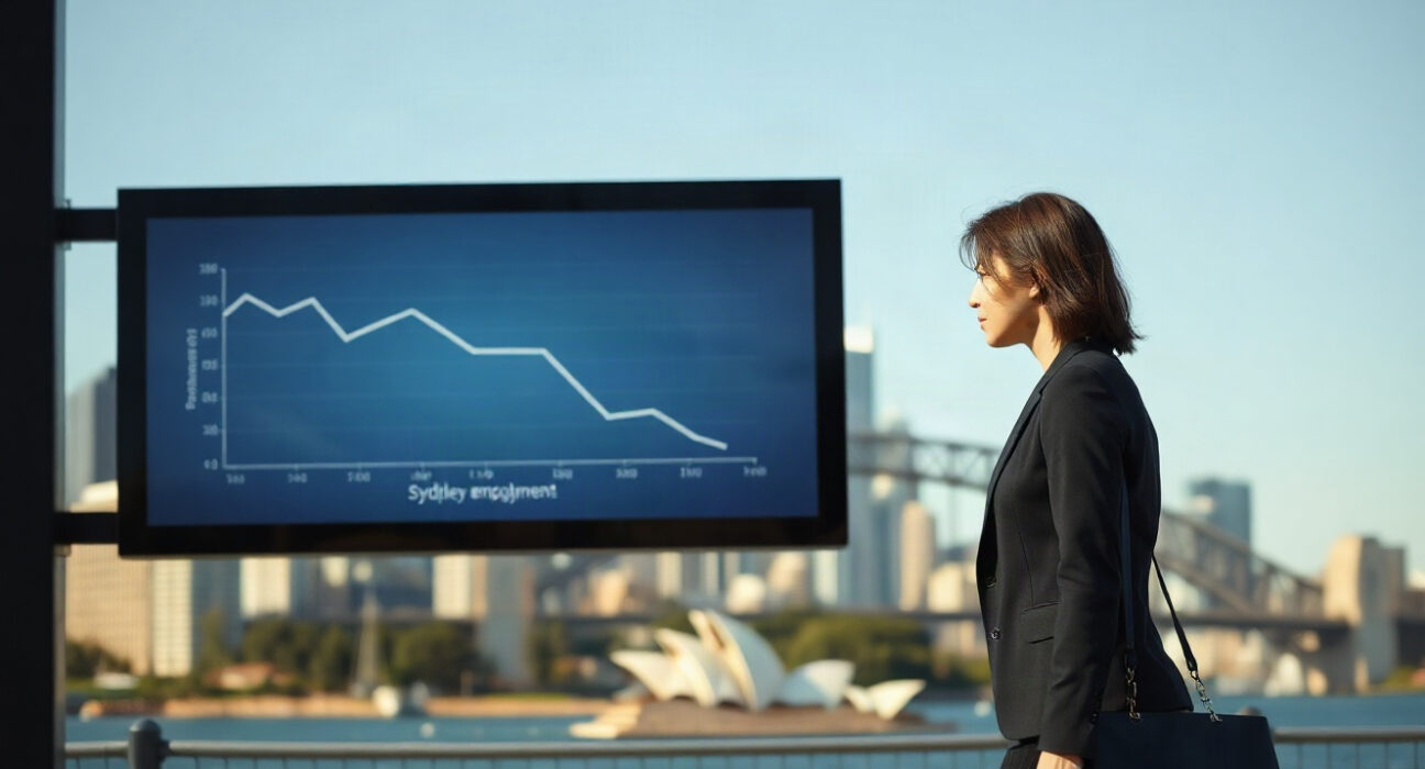 Sydney CBD skyline with a digital board showing a declining employment chart