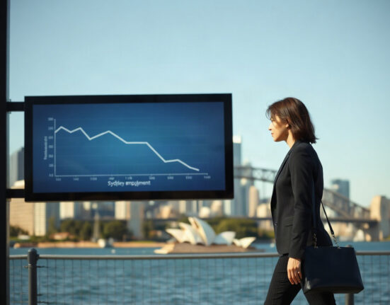 Sydney CBD skyline with a digital board showing a declining employment chart