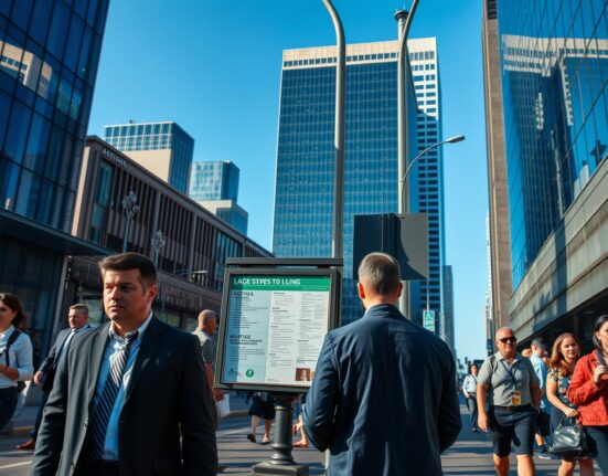 People in a city street, with some looking at job listings, illustrating Australia's labour market dynamics.