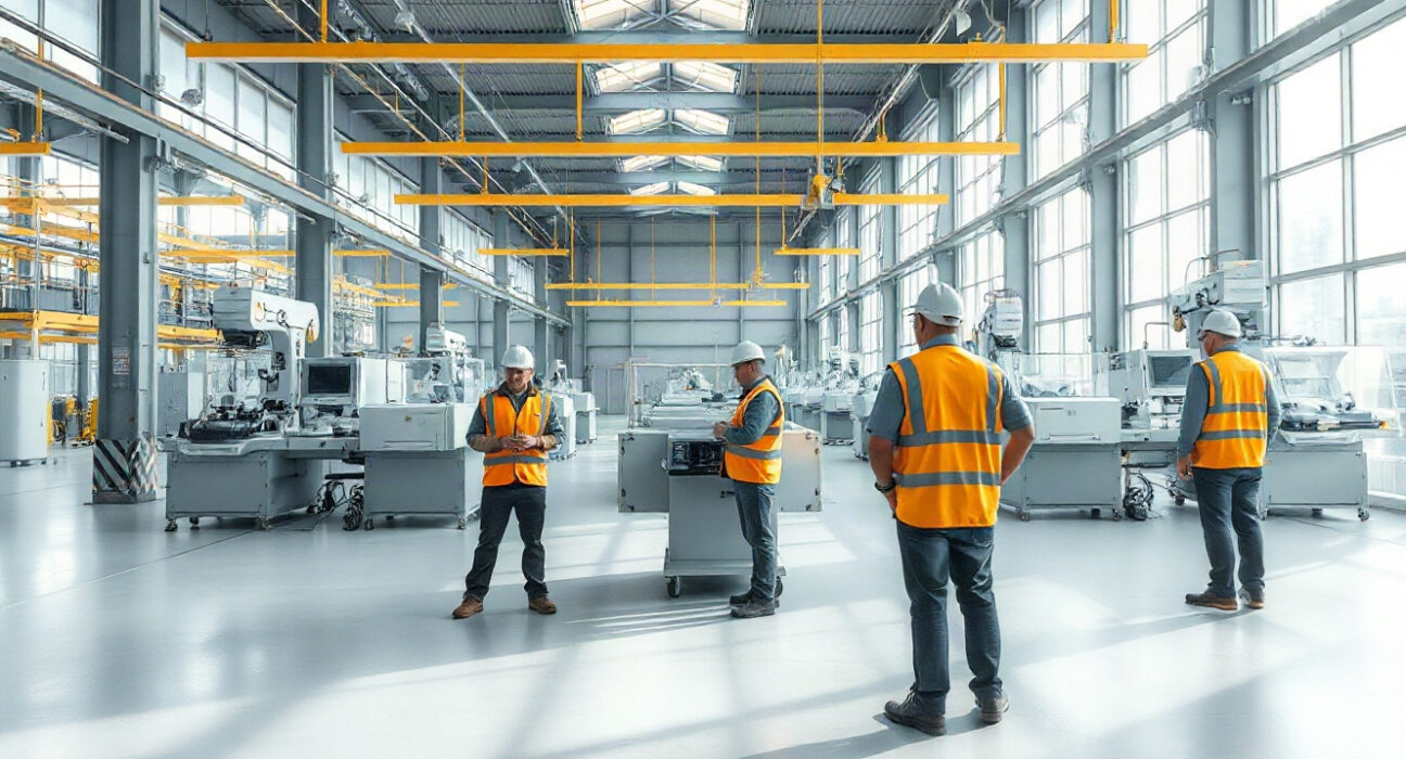 Workers monitor production lines inside a modern Australian manufacturing facility.