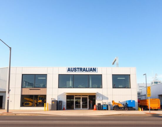 Exterior of a modern Australian manufacturing plant on a sunny day, representing the country's manufacturing sector growth.