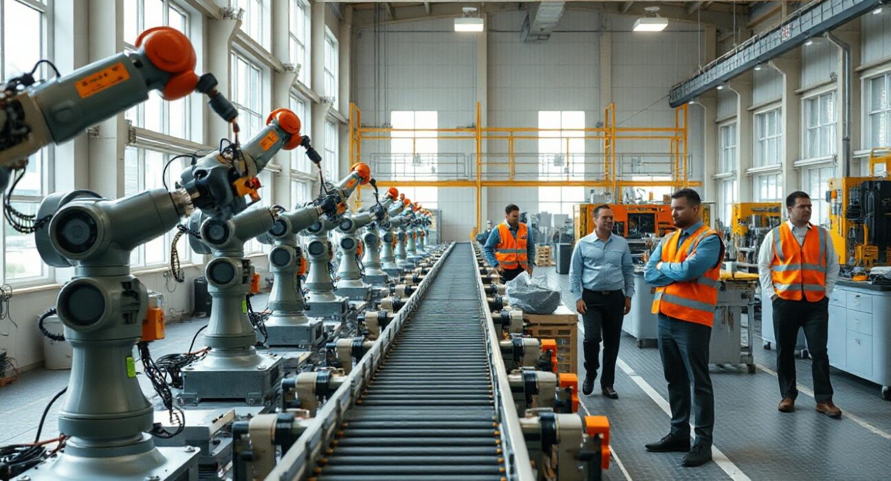 Australian manufacturing facility with automated production line and workers in safety vests