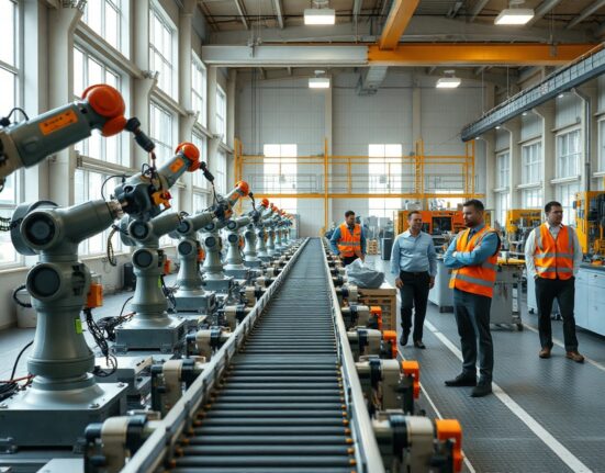 Australian manufacturing facility with automated production line and workers in safety vests