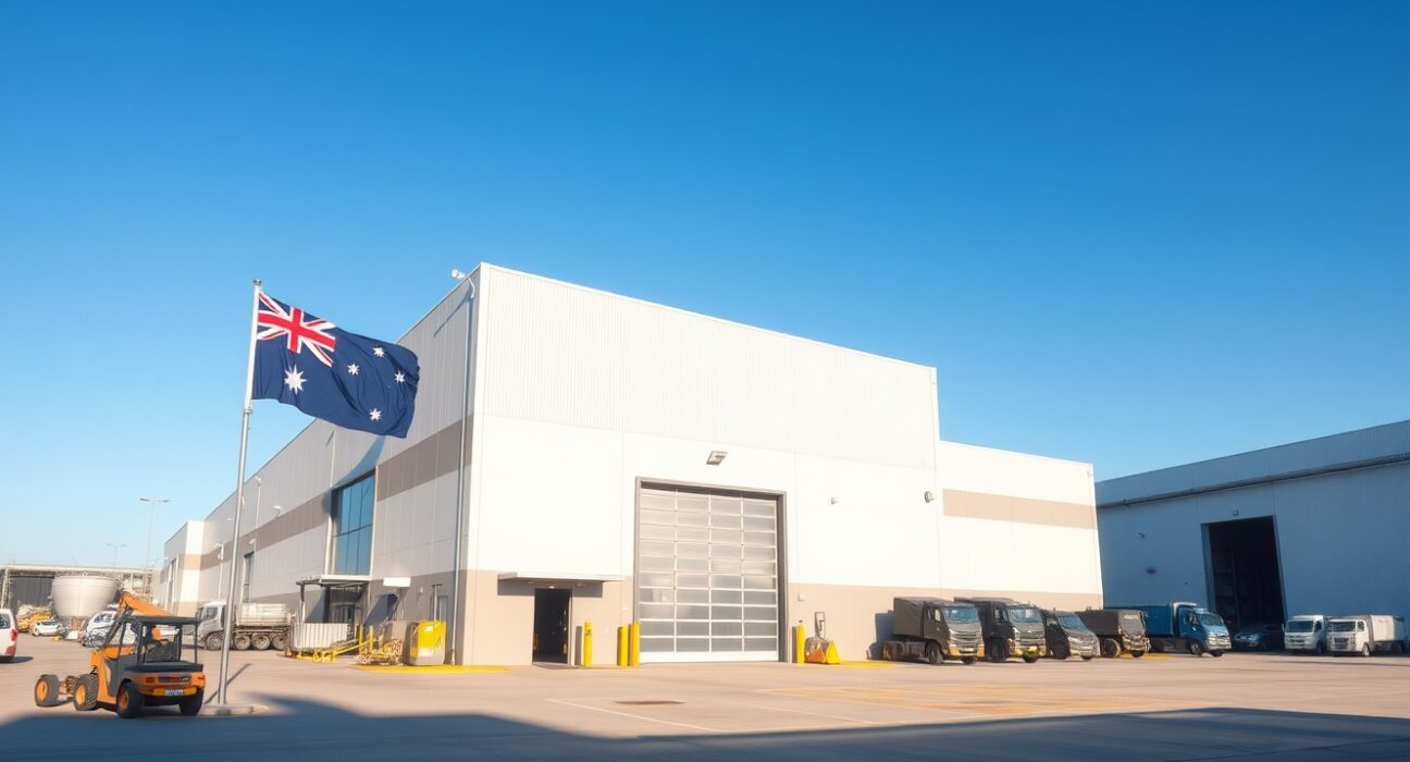 Exterior of a modern Australian manufacturing facility under a bright blue sky.