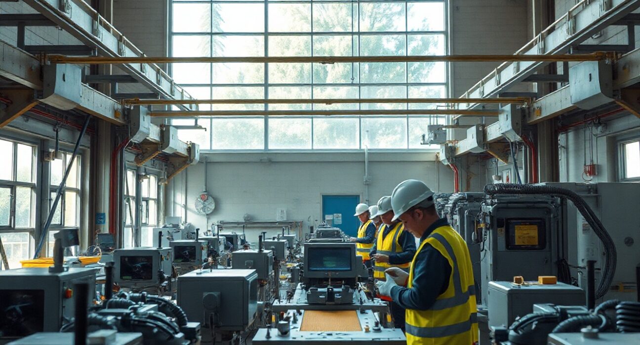 Workers on a factory floor in Australia operating machinery during a daytime shift, representing manufacturing sector activity.