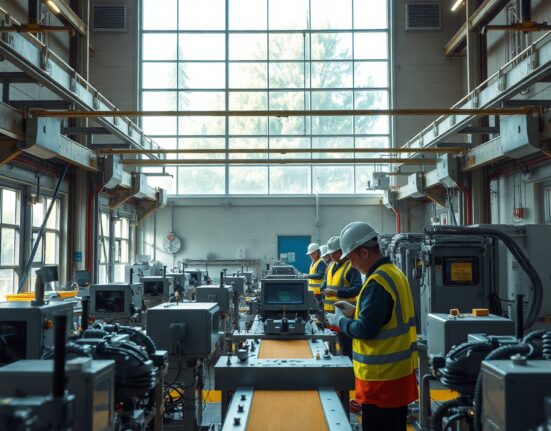 Workers on a factory floor in Australia operating machinery during a daytime shift, representing manufacturing sector activity.