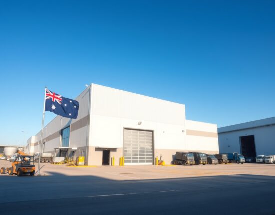 Exterior of a modern Australian manufacturing facility under a bright blue sky.