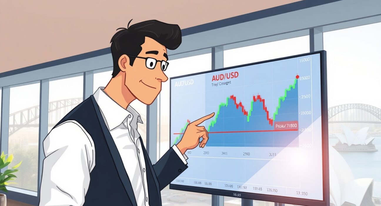 Financial analyst monitoring Australia monthly CPI data and AUD/USD forex chart on a digital screen in Sydney office