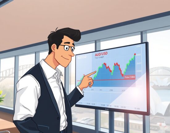 Financial analyst monitoring Australia monthly CPI data and AUD/USD forex chart on a digital screen in Sydney office