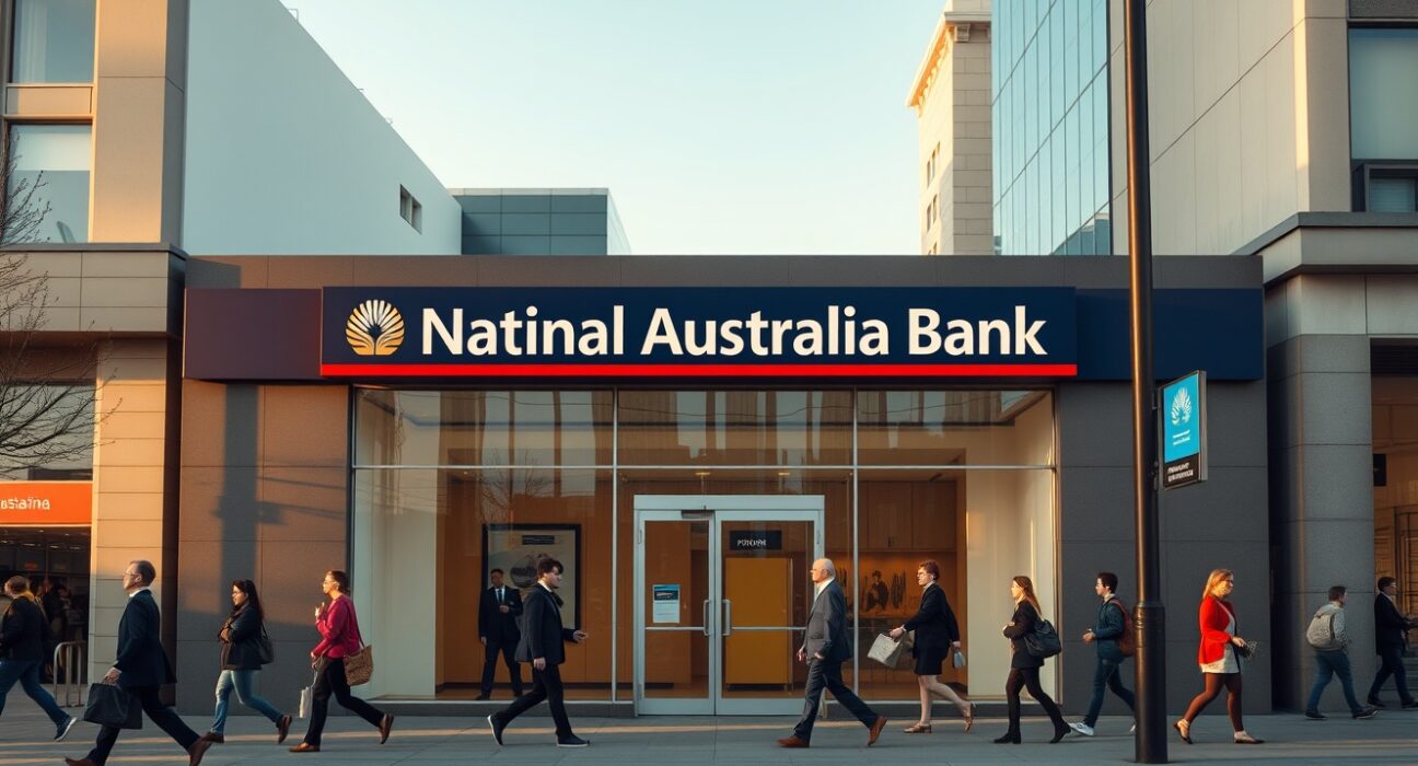 Exterior of a National Australia Bank branch in an Australian city on a clear afternoon