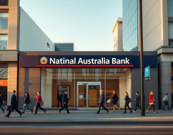 Exterior of a National Australia Bank branch in an Australian city on a clear afternoon