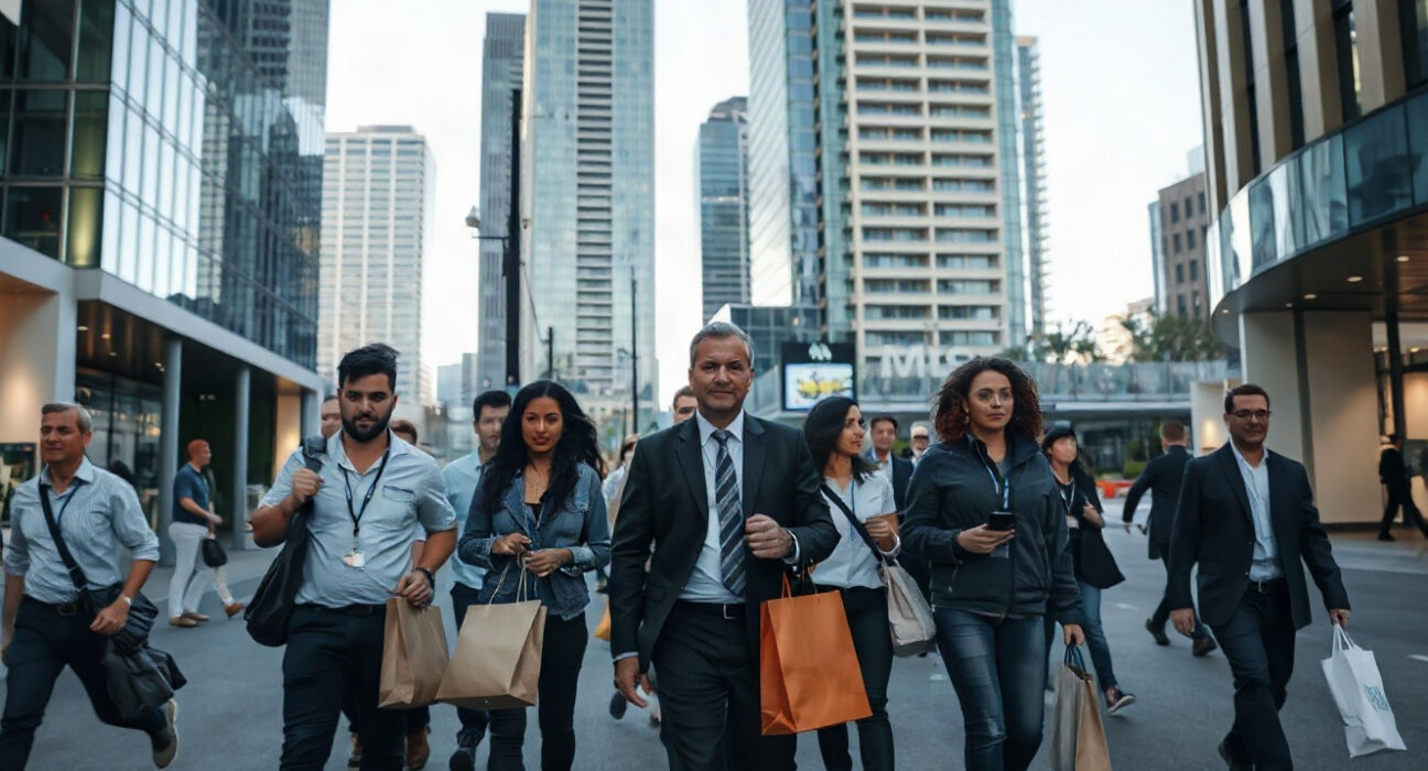 Workers walking in an Australian city street during business hours, representing the labor market