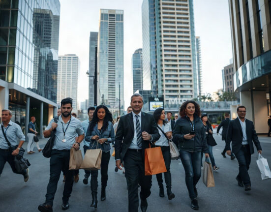 Workers walking in an Australian city street during business hours, representing the labor market