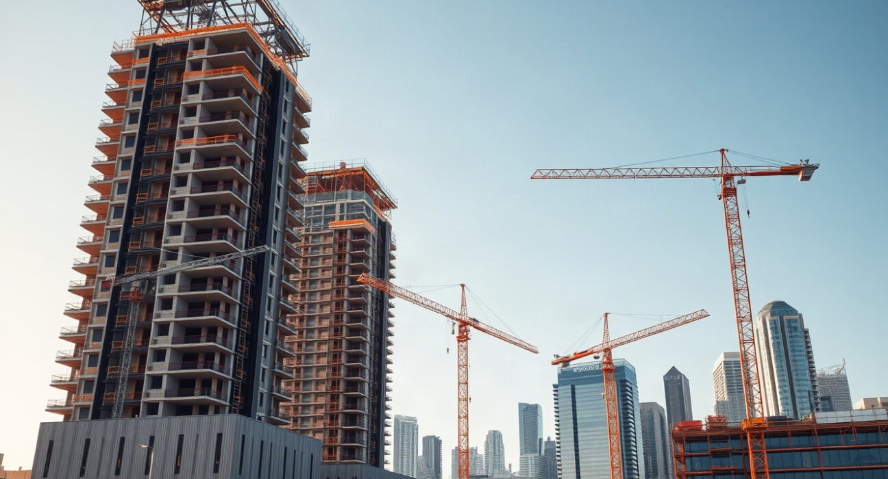 Construction cranes and buildings in an Australian city, representing capital investment.