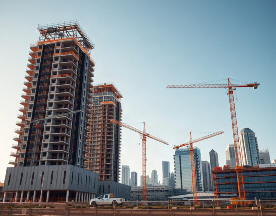 Construction cranes and buildings in an Australian city, representing capital investment.