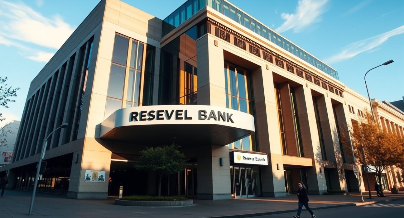 Reserve Bank of Australia building in Sydney on a sunny day, representing financial and economic news.