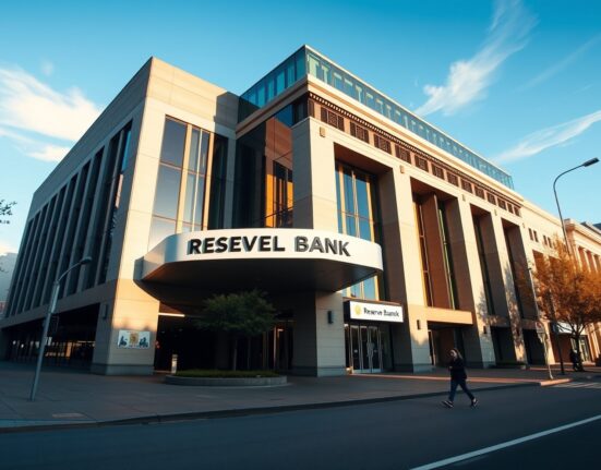 Reserve Bank of Australia building in Sydney on a sunny day, representing financial and economic news.