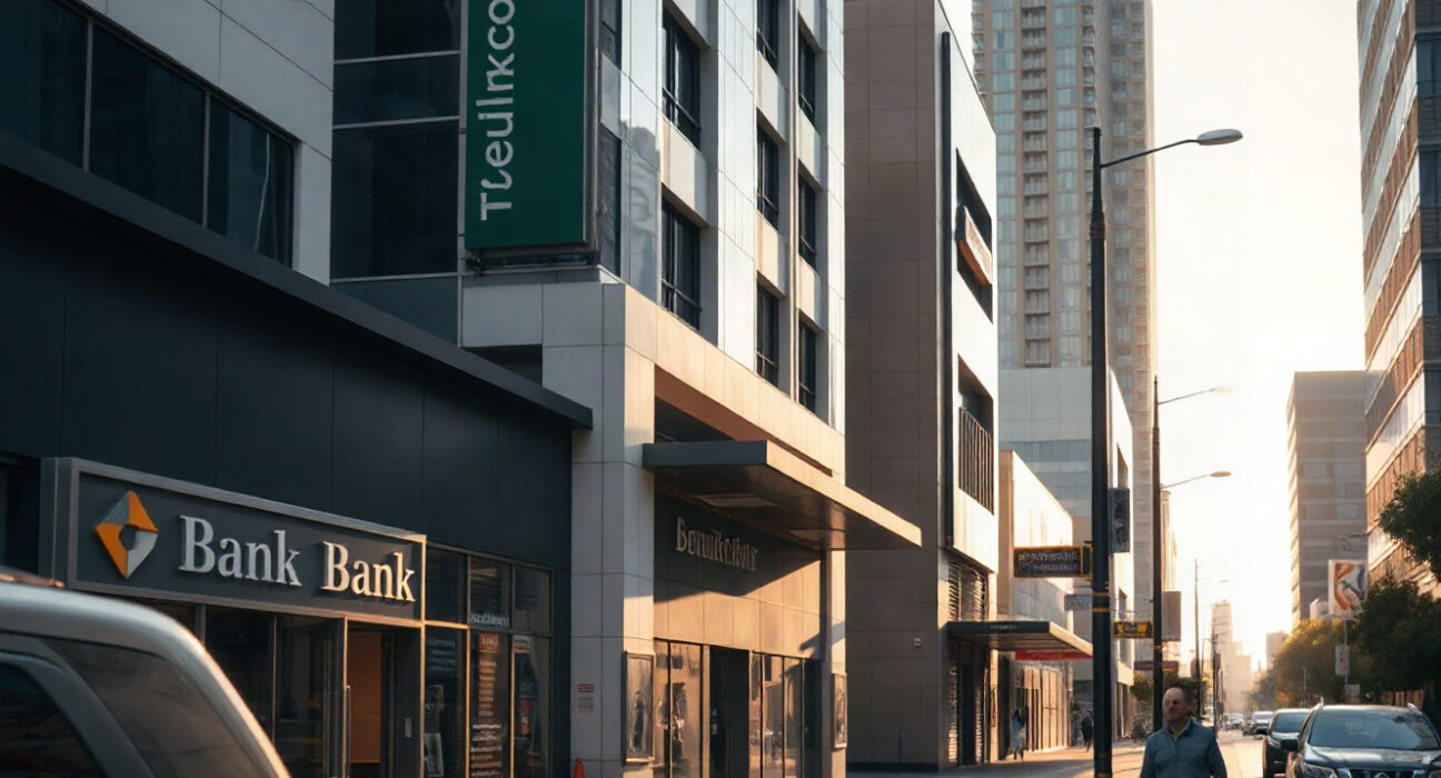 Bank entrance on a busy Australian street with pedestrians, representing private sector credit activity.