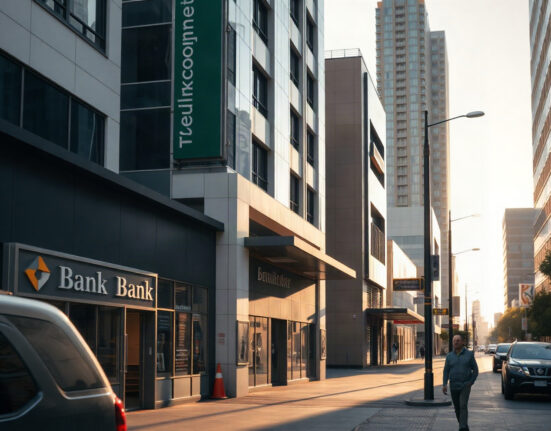 Bank entrance on a busy Australian street with pedestrians, representing private sector credit activity.
