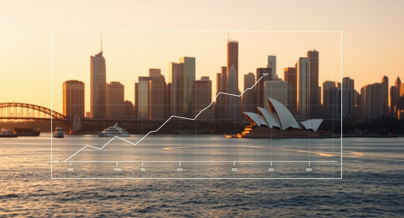 Sydney skyline at sunset with a digital graph overlay representing rising credit growth in Australia.