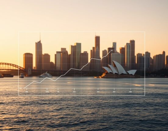 Sydney skyline at sunset with a digital graph overlay representing rising credit growth in Australia.